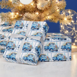 Papel De Regalo Camión Azul Retro Acuarela En Copos De Nieve