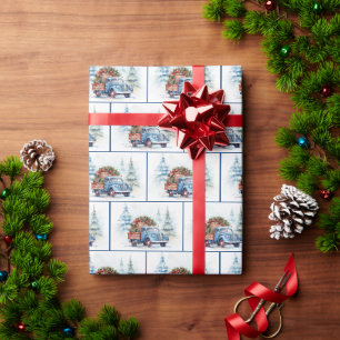Papel De Regalo Camión Azul Viejo Con Pino Navidad