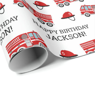 Papel De Regalo Camión de Bomberos Rojo y Sombrero Cumpleaños Pers