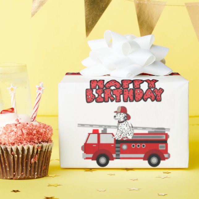 Papel De Regalo Camión De Fuego Y Perro Dalmático Feliz Cumpleaños (Fiesta de cumpleaños )