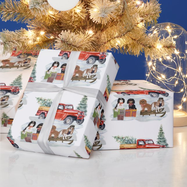 Papel De Regalo Camión de invierno Cavalier King Charles Spaniels  (Vacaciones)