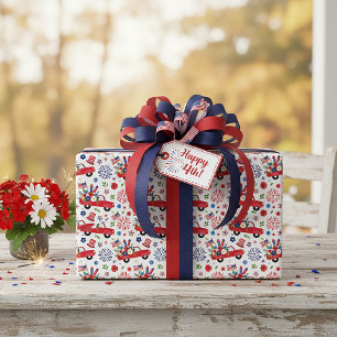 Papel De Regalo Camión patriótico y patrón de fuegos artificiales 