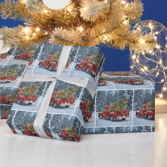 Papel De Regalo Camión Retro Rojo Con Árbol De Navidad En Copos De (Vacaciones)