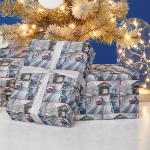 Papel De Regalo Camión retro rojo y puente cubierto para navidades