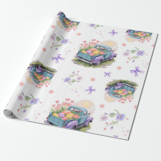 Papel De Regalo Camión Retro Verde Azul y Morado con Huevos de Pas