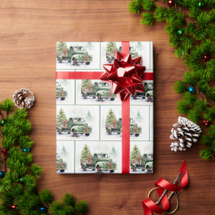 Papel De Regalo Camión Retro Verde de Navidad con Árbol