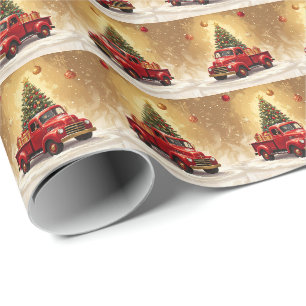 Papel De Regalo Camión Rojo Antiguo con Árbol de Navidad y Regalos