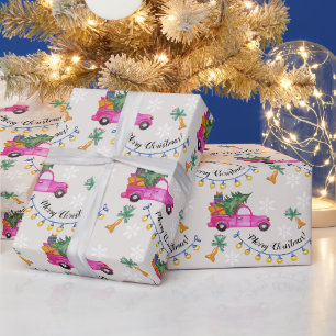 Papel De Regalo Camión Rojo de Navidad con Árbol y Deseos