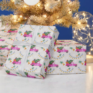 Papel De Regalo Camión Rojo de Navidad con Árbol y Deseos