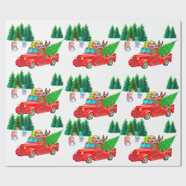 Papel De Regalo Camión Rojo divertido, hombres de nieve, Navidades (Superficie plana)