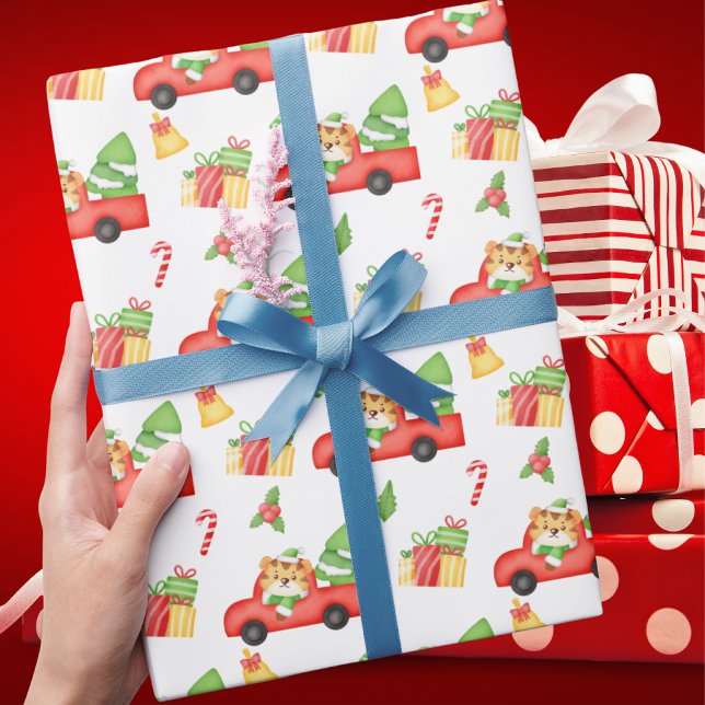 Papel De Regalo Camión rojo retro y Navidades de tigres (Subido por el creador)
