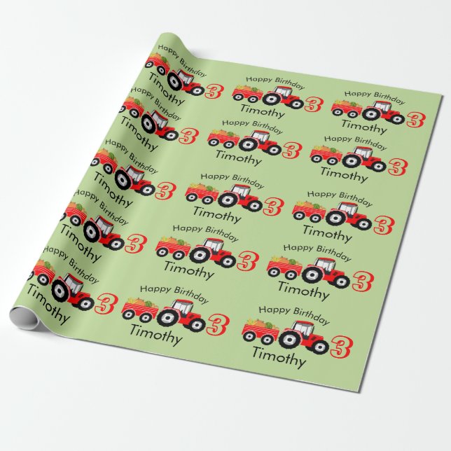 Papel De Regalo Camión Rojo Tractor Producción Nombre y Edad (Desenrollado)