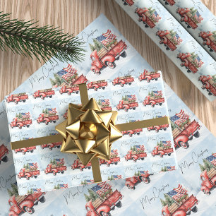 Papel De Regalo Camión Rojo Vintage de Navidad Bandera USA Patriót