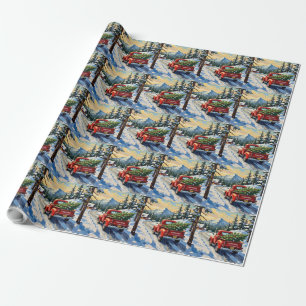 Papel De Regalo Camión rojo vintage que transporta árbol de Navida