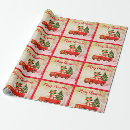 Papel De Regalo Camión Rojo Vintage Rústico Retro Feliz Navidad