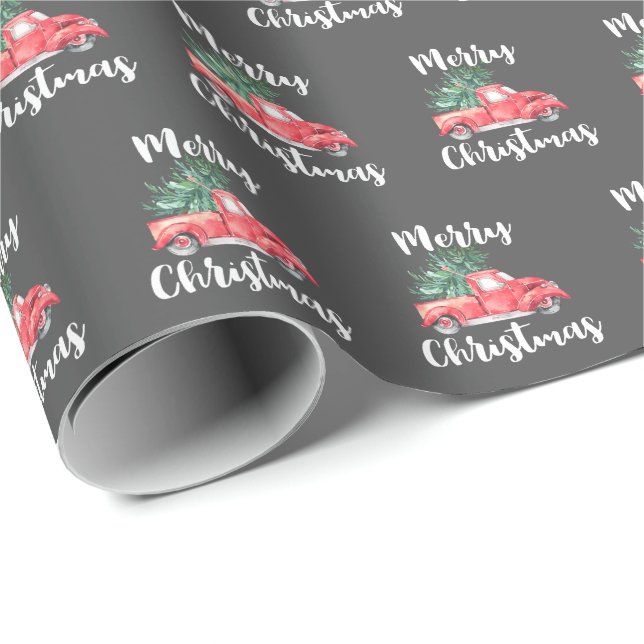Papel De Regalo Camión rojo y árbol | Regalo de Navidad Gray Merry (Esquina del rollo)