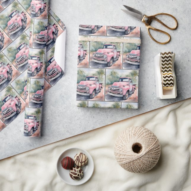Papel De Regalo Camión rosa retro acuarela (Artesanía)