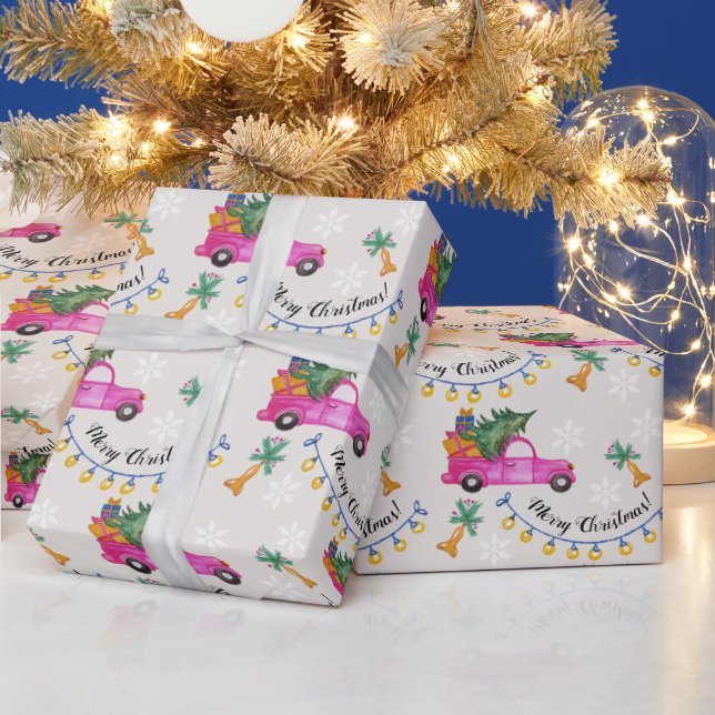 Papel De Regalo Camión Rosa Rojo Con Árbol Y Deseos (Vacaciones)