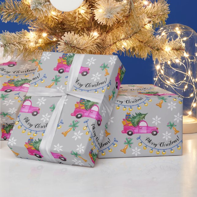 Papel De Regalo Camión Rosa Rojo Con Árbol Y Deseos (Vacaciones)