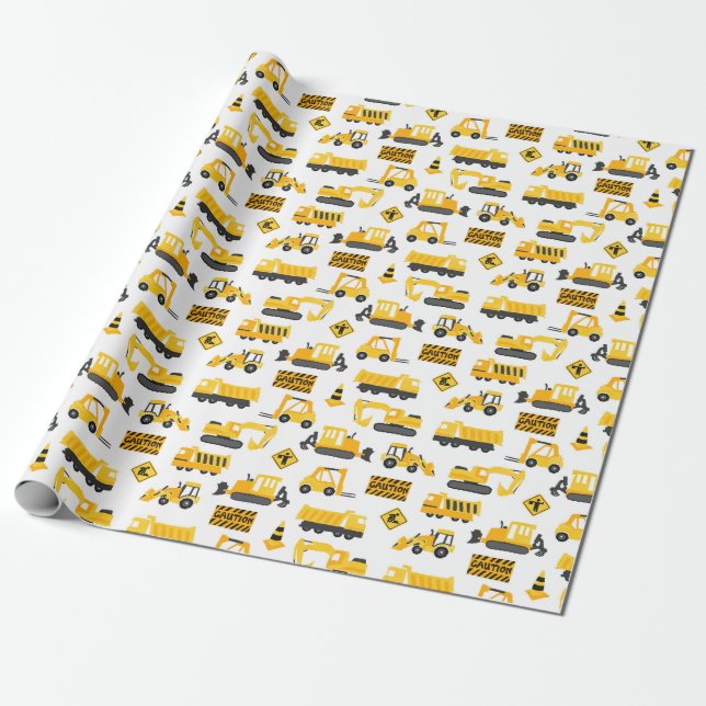 Papel De Regalo Camiones de construcción y Rótulos Patrón blanco (Desenrollado)