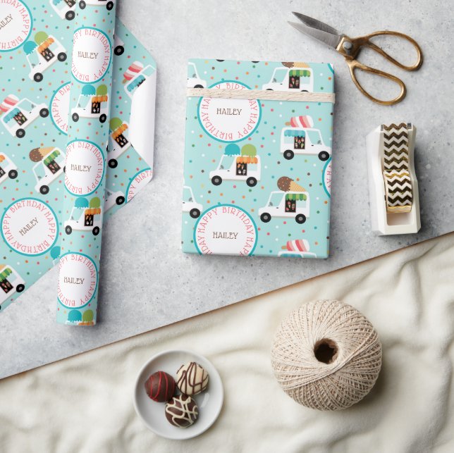 Papel De Regalo Camiones helados Feliz cumpleaños personalizado (Artesanía)