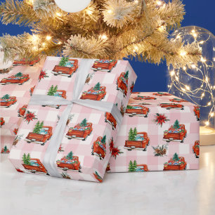Papel De Regalo Camiones rojos vintage retro con regalos de Navida