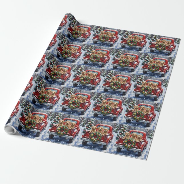 Papel De Regalo Camioneta Roja de Navidad Cockapoo Fiesta (Desenrollado)
