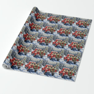Papel De Regalo Camioneta Roja de Navidad Pug Fiesta