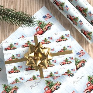 Papel De Regalo Camioneta Roja Navideña Vintage Bandera Patriótica