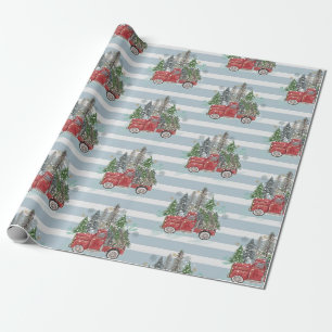 Papel De Regalo Camioneta rústica de Navidad Árboles Rayas Azules