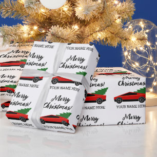 Papel De Regalo Camioneta Tesla roja con árbol de Navidad