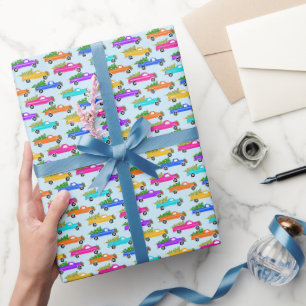 Papel De Regalo Camionetas Navideñas Lindas Árboles Regalo Retro d