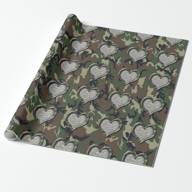 Papel De Regalo Camouflage Woodland Forest Heart (Desenrollado)