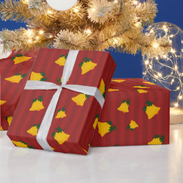 Papel De Regalo Campana Roja Dorada de Franjas Navideñas