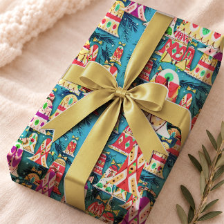 Papel De Regalo Campanas de Navidad Azules Nostálgicas Vintage