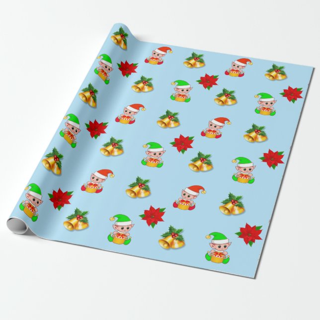 Papel De Regalo campanas de navidad, poinsettia y adorno de elfo a (Desenrollado)