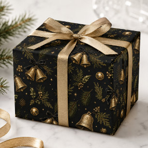 Papel De Regalo Campanas de Navidad y acebo vintage en negro y dor
