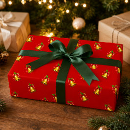 Papel De Regalo Campanas doradas rojas y Navidad de acebo