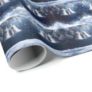 Papel De Regalo Campanas ornamentadas de plata en pinos helados