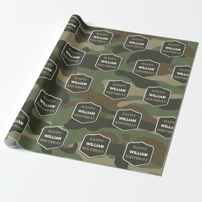 Papel De Regalo Camuflaje Camo Verde Ejército Monograma Nombre de  (Desenrollado)