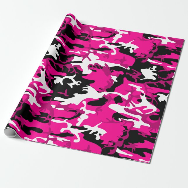 Papel De Regalo camuflaje rosa caliente camuflaje blanco negro (Desenrollado)