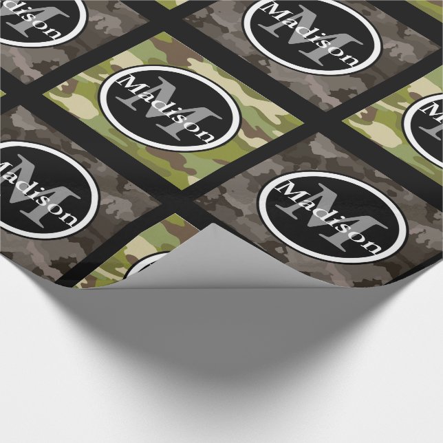 Papel De Regalo Camuflaje verde y gris con nombre y monograma (Esquina)