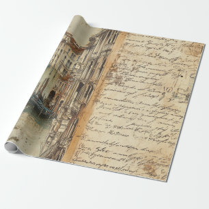 Papel De Regalo Canal de Venecia Vintage con Letra Manuscrita