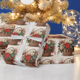 Papel De Regalo Canasta de navidades con flor de Poinsettia blanca