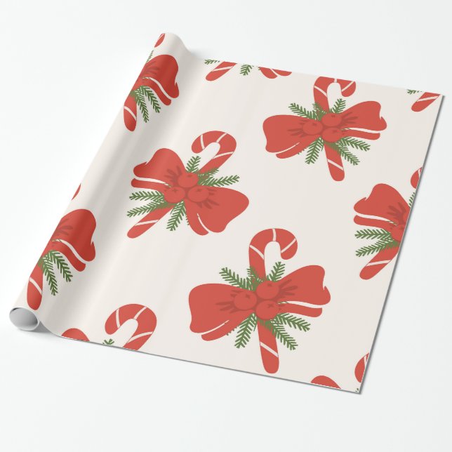 Papel De Regalo Candy Cane & Bow Cream Navidades de vacaciones de  (Desenrollado)