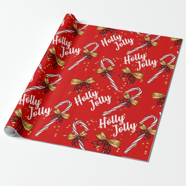 Papel De Regalo Candy Cane Holly Jolly Navidades regalo (Desenrollado)