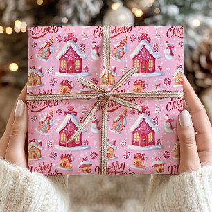 Papel De Regalo Candy Festive Whimsical Rosa Feliz Navidad