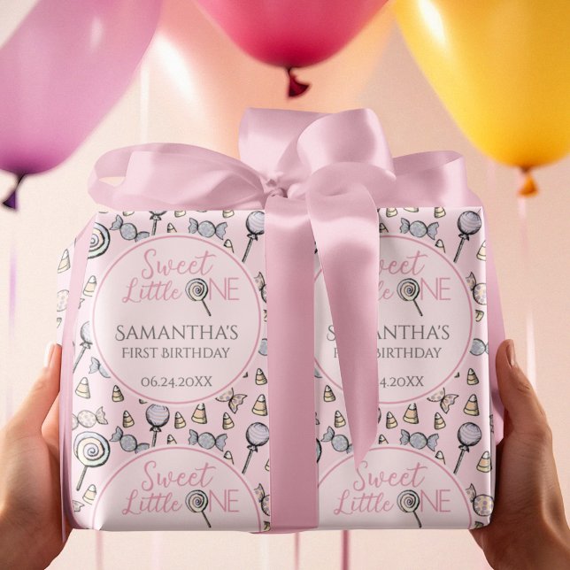 Papel De Regalo Candy rosa Baby Shower dulce pequeño (Cute Pink Sweet Little One First 1st Birthday Gift Wrap for Baby Girl. Hand-Drawn Candy & Lollipops.)