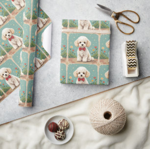 Papel De Regalo Caniche adorable blanco con corbata de lazo
