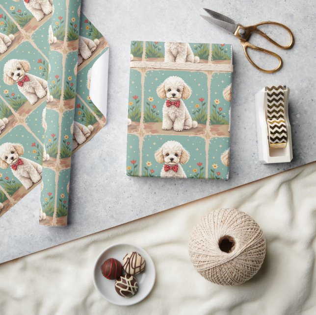 Papel De Regalo Caniche adorable blanco con corbata de lazo (Artesanía)